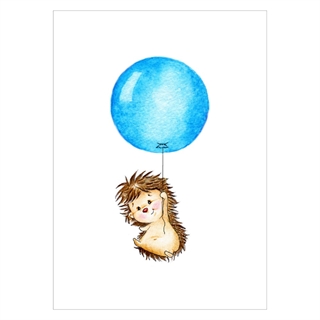 Børneplakat pindsvin med blå ballon