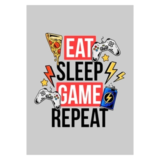 Plakat med teksten Eat-sleep-game-repeat med farver