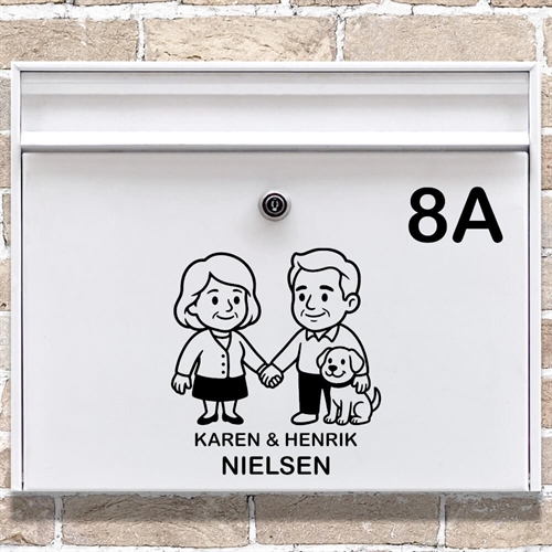 Postkasse sticker med ældre ægtepar med en hund