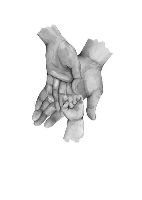 Far, mor &amp; 1 mindre barn - køb en flot plakat online i dag. Bedårende familie plakat med illustration af tre hænder.