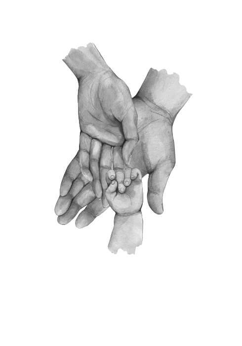 Far, mor &amp; 1 mindre barn - køb en flot plakat online i dag. Bedårende familie plakat med illustration af tre hænder.