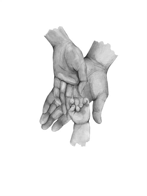 Far, mor &amp; 1 mindre barn - køb en flot plakat online i dag. Bedårende familie plakat med illustration af tre hænder.