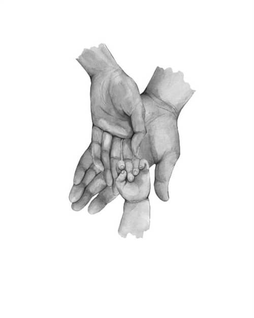 Far, mor &amp; 1 mindre barn - køb en flot plakat online i dag. Bedårende familie plakat med illustration af tre hænder.