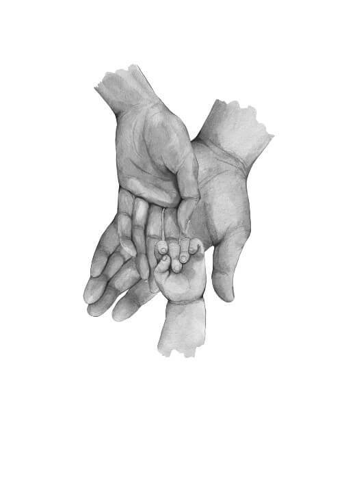 Far, mor &amp; 1 mindre barn - køb en flot plakat online i dag. Bedårende familie plakat med illustration af tre hænder.