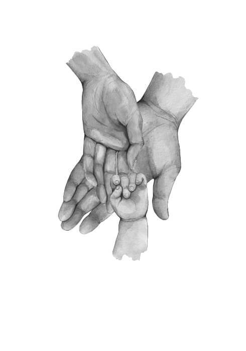 Far, mor &amp; 1 mindre barn - køb en flot plakat online i dag. Bedårende familie plakat med illustration af tre hænder.