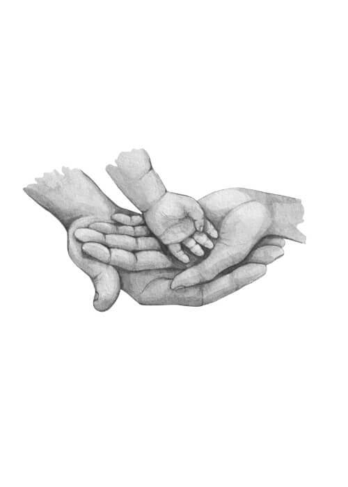 Når to bliver til tre - køb en flot plakat online i dag. Bedårende familie plakat med illustration af tre hænder.