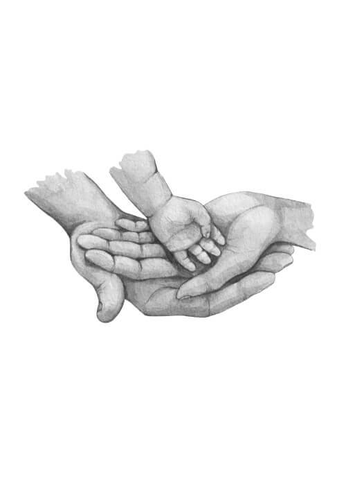 Når to bliver til tre - køb en flot plakat online i dag. Bedårende familie plakat med illustration af tre hænder.