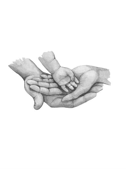 Når to bliver til tre - køb en flot plakat online i dag. Bedårende familie plakat med illustration af tre hænder.