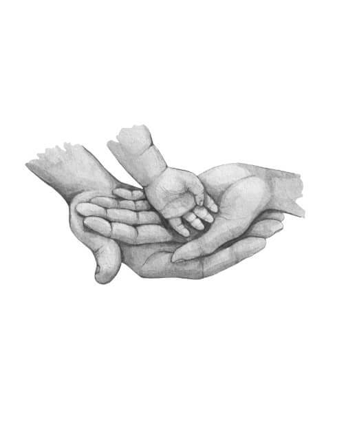 Når to bliver til tre - køb en flot plakat online i dag. Bedårende familie plakat med illustration af tre hænder.