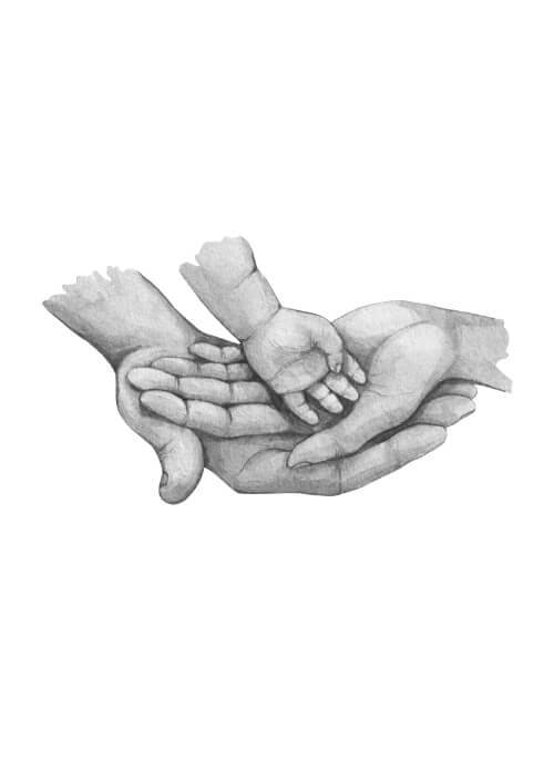 Når to bliver til tre - køb en flot plakat online i dag. Bedårende familie plakat med illustration af tre hænder.
