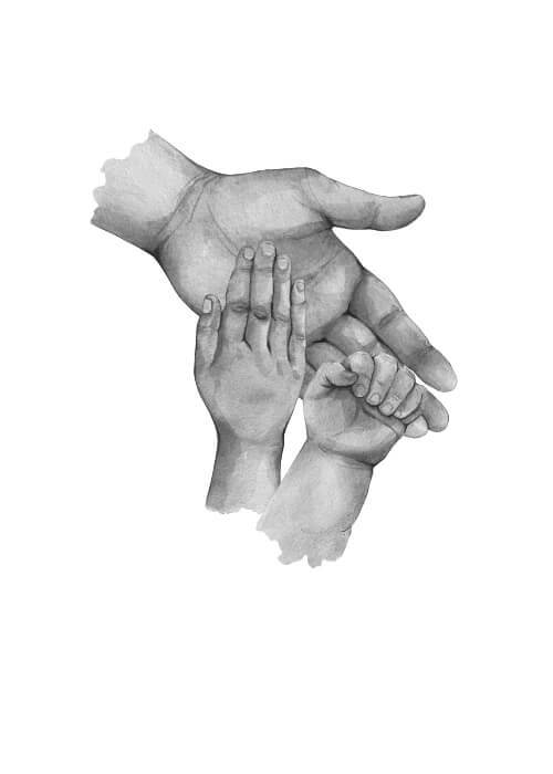 Far til to - køb en flot plakat online i dag. Bedårende familie plakat med illustration af tre hænder, og plads til tekst.