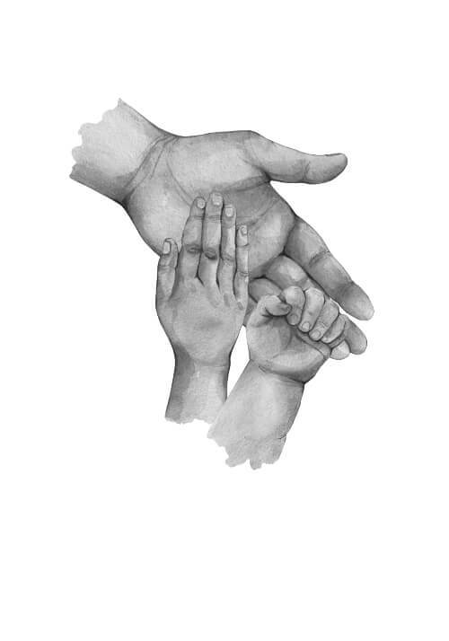 Far til to - køb en flot plakat online i dag. Bedårende familie plakat med illustration af tre hænder, og plads til tekst.