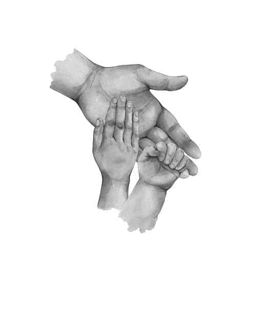 Far til to - køb en flot plakat online i dag. Bedårende familie plakat med illustration af tre hænder, og plads til tekst.