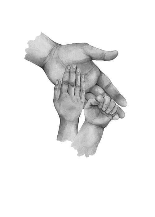Far til to - køb en flot plakat online i dag. Bedårende familie plakat med illustration af tre hænder, og plads til tekst.