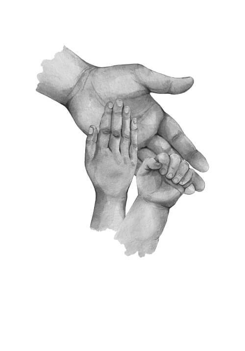 Far til to - køb en flot plakat online i dag. Bedårende familie plakat med illustration af tre hænder, og plads til tekst.