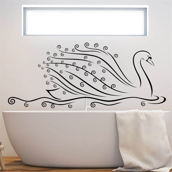 Wallsticker til badeværelset med elegant svane med mange flotte detaljer. Svanen flyder stille frem på smukke bølger. 
