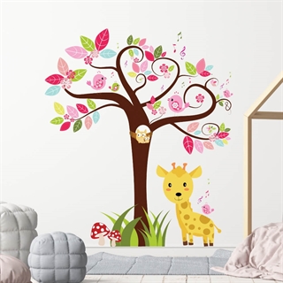 Printet wallstickers med træ og giraf i meget flotte farver