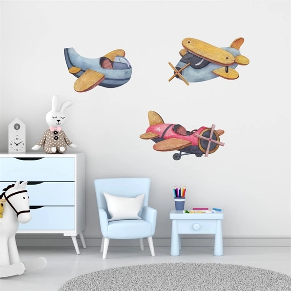 Vintage flyvemaskiner i watercolor med retro look perfekt til børneværelset og til de små med fart på livet