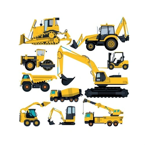 Sej wallsticker med 10 forskellige vejarbejde maskiner i gul og sort. Gravko, traktor, cementblander, lastbil med kran.