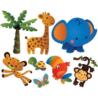 wallstickers med papegøje, med abe, med giraf, skildpadde, sommerfugl, løve og palme træer