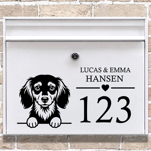 Postkasse stickers med Langhåret Dværg Gravhund