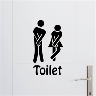 Wallstickers med teksten toilet og figurer med af mand og en dame der skal skal tisse