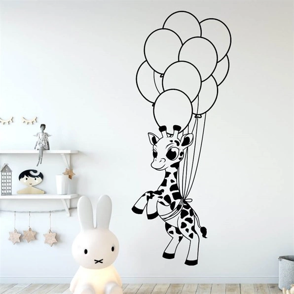 Wallstickers med sød giraf flyvende i balloner