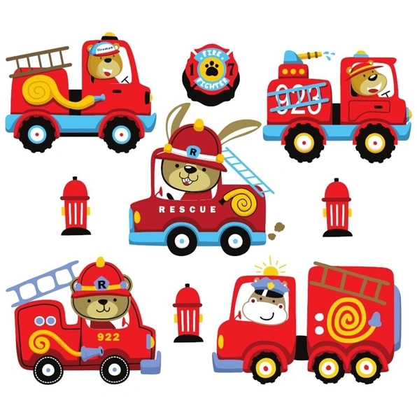 Skøn wallsticker til børneværelset med brandbiler i flotte røde nuancer. Brandbilene bliver kørt af bjørne, kanin og flodhest.