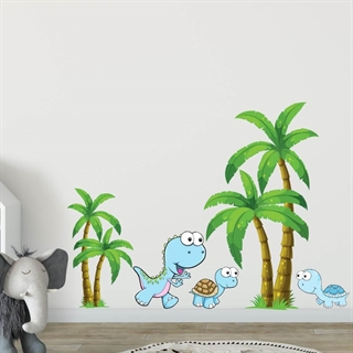 Wallsticker til børneværelset med 4 flotte, farverige palme, 1 skøn blå dinosaur, og to små søde skildpadde venner