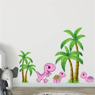 Wallsticker til børneværelset.  4 flotte palmer, en herlig lyserød dinosaur som leger fangeleg med to små kildpadder
