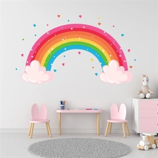 Regnbue med hjerter - wallstickers. Fantastisk flot wallsticker med illustration af en magisk regnbue med hjerter og stjerner.