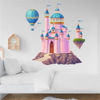 Printet - Eventyr slot  - wallstickers. Fantastisk flot slot i lyserøde, turkise og gyldne nuancer og en luftballon 