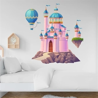 Printet - Eventyr slot  - wallstickers. Fantastisk flot slot i lyserøde, turkise og gyldne nuancer og en luftballon 