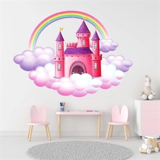 Slot med rengbue - wallstickers. Fantastisk slot i lilla og lyserøde nuancer som hviler på pastelfarvede skyer og med regnbue