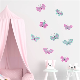 Wallsticker med pastel farvet sommerfugle. Fantastisk flotte sommerfugle i afdæmpede pastelfarver i flot pink og mint. 