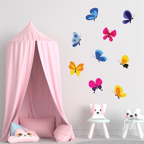 Farverige sommerfugle - wallsticker med masser af flotte, klare farver. Vælg selv hvordan du placere dem i værelset. 