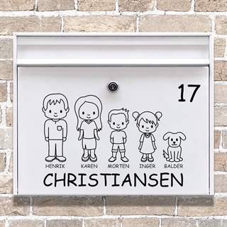 Postkasse stickers med søde figurer af familien Danmark. Fine illustrationer med navne. Husdyr må også gerne være med. 