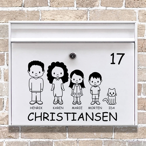 Postkasse stickers med den søde lille familie. Virkelig flotte illustrationer af familiemedlemmerne, og af jeres husdyr.