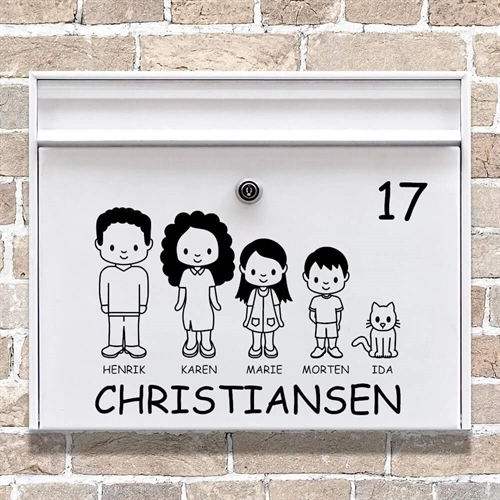Postkasse stickers med den søde lille familie. Virkelig flotte illustrationer af familiemedlemmerne, og af jeres husdyr.
