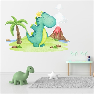 Wallsticker med en dinosaur på en øde ø med palme og vulkan