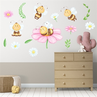 Smukkeste wallstickers med de sødeste bier og blomster i pink oh hvide farver