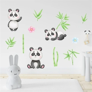 Wallstickers akvarel med pandabjørne, bambus, blade og blomster