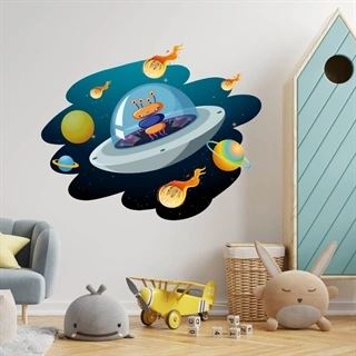 Raketskib med mange planeter og asteroider - wallstickers