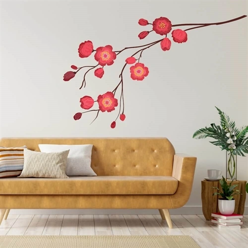 Gren med røde blomster - wallsticker