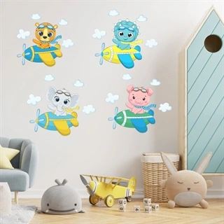 Tiger, dino, elefant og gris i flyvemaskine - Wallsticker