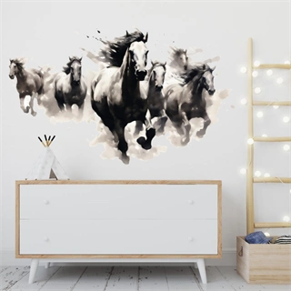 Flok vilde heste i akvarel