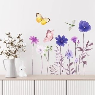 Akvarel Blomster med sommerfugl wallstickers