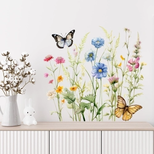 Wallstickers med vilde blomster og sommerfugl i akvarel