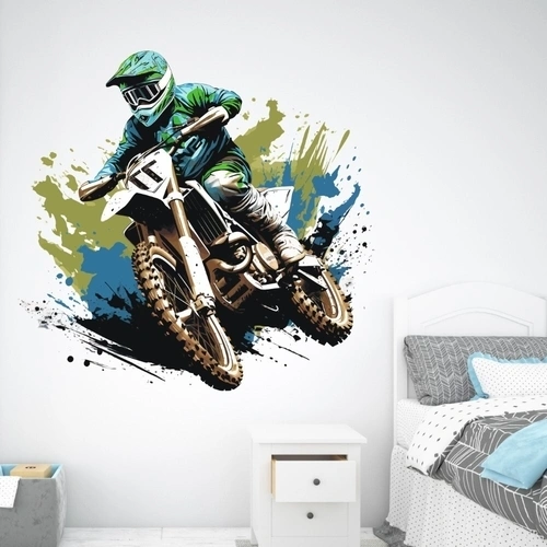 wallsticker motocross maskine i blå og grøn nuancer