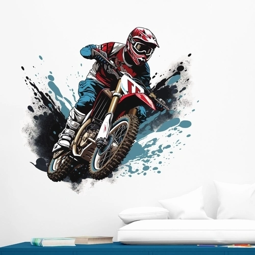 Sej wallsticker med en tohjulet motocross bike i blå og rød